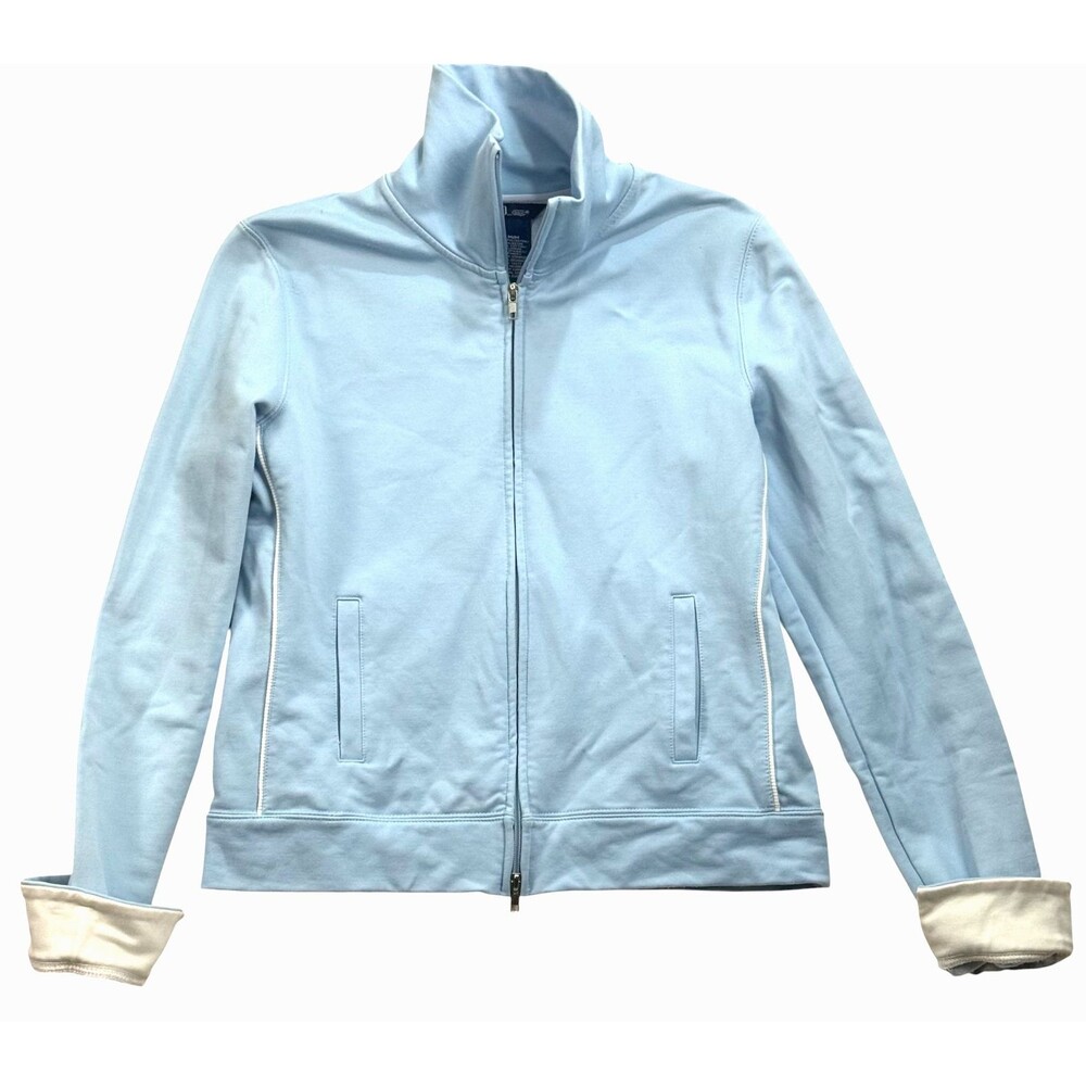 SO Crop Track Jacket Medium Blue Zip Up Long Sleeve Flip Cuffs Sporty Athleisure
